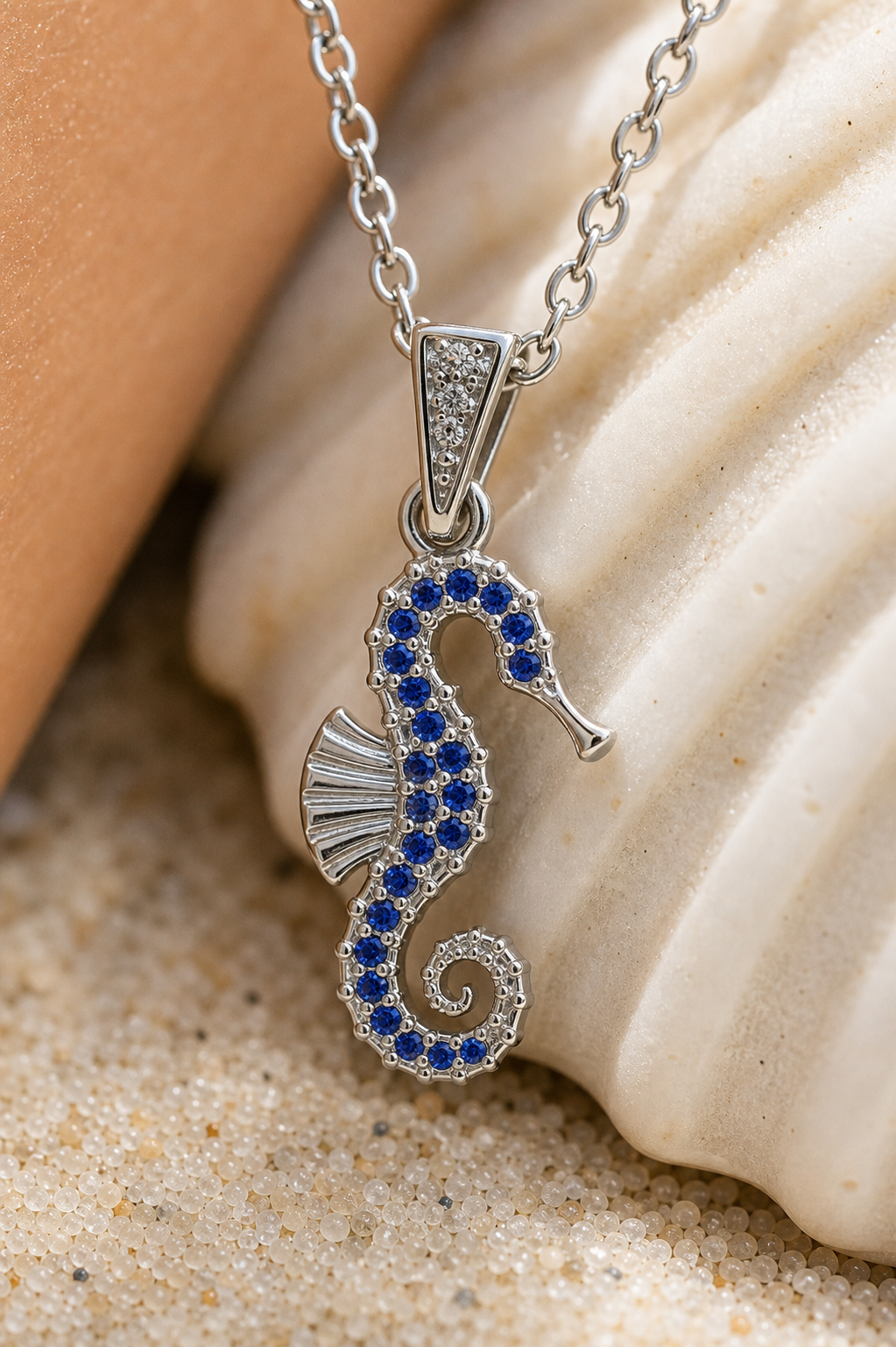 Silver Blue Seahorse Ocean Charm Necklace