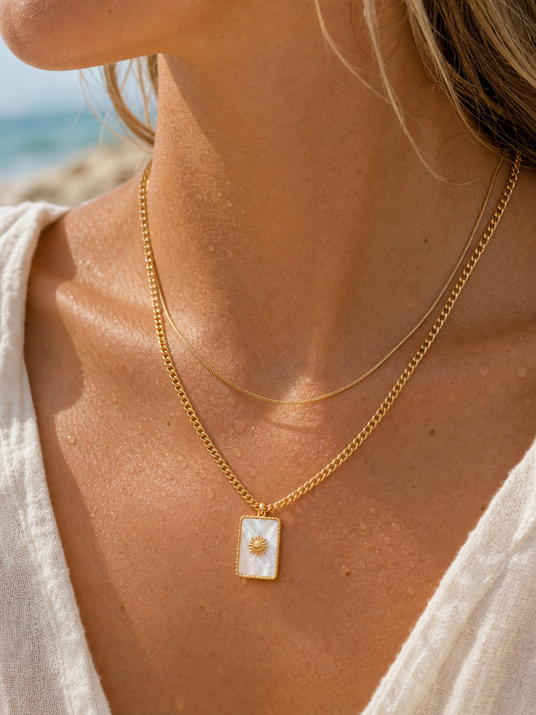 Gold Sun Shell Square Layered Necklace