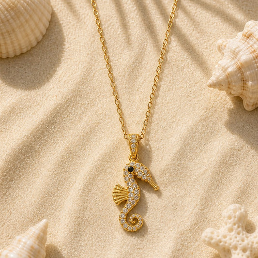 Gold Seahorse Ocean Charm Necklace