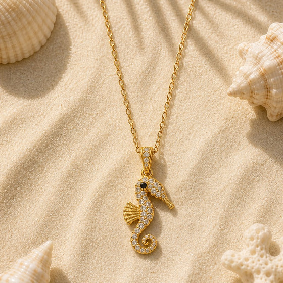 Gold Seahorse Ocean Charm Necklace