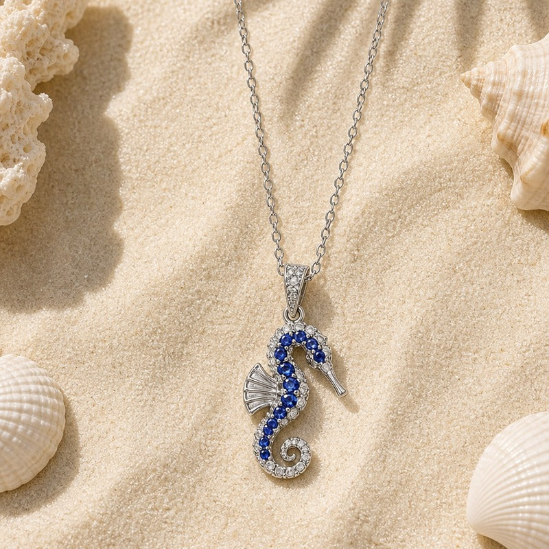 Silver Blue Seahorse Ocean Charm Necklace