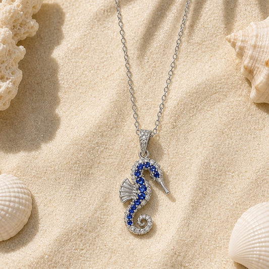 Silver Blue Seahorse Ocean Charm Necklace