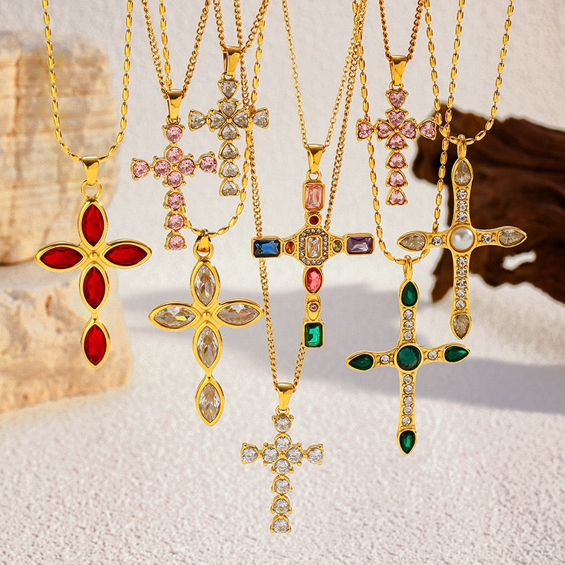 14K Gold Plated Cross Pendant Necklace Collection, Vintage Style Gemstone Cross Necklaces