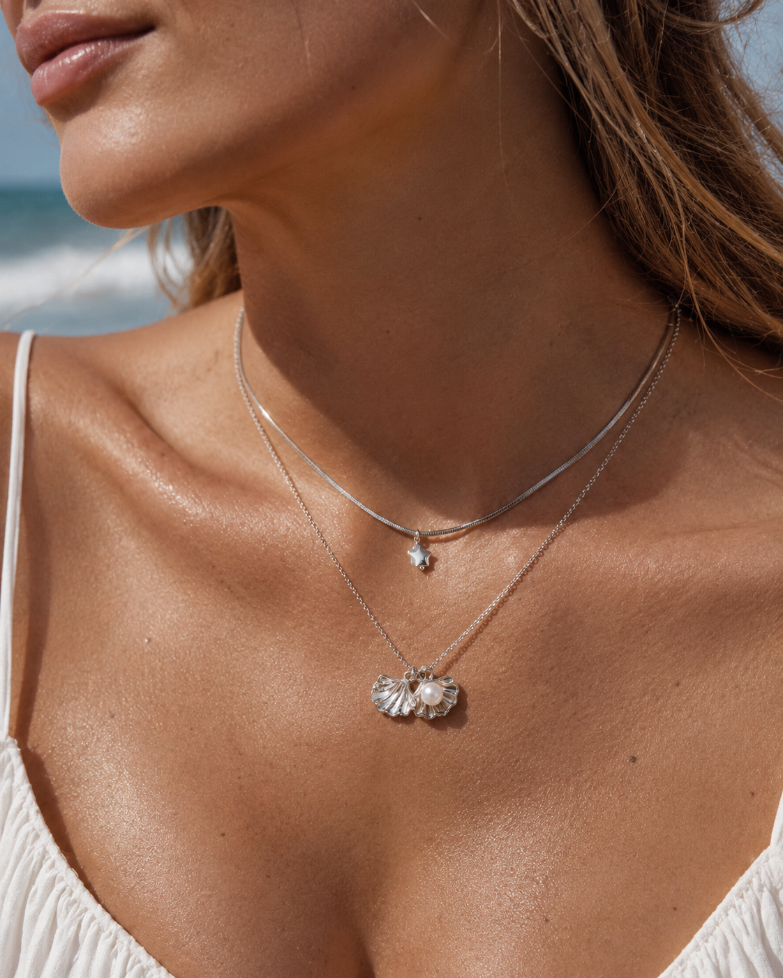 Silver Shell Pearl Layered Ocean Necklace