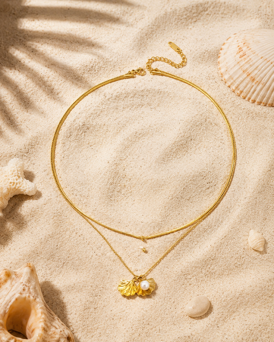 Gold Shell Pearl Layered Ocean Necklace