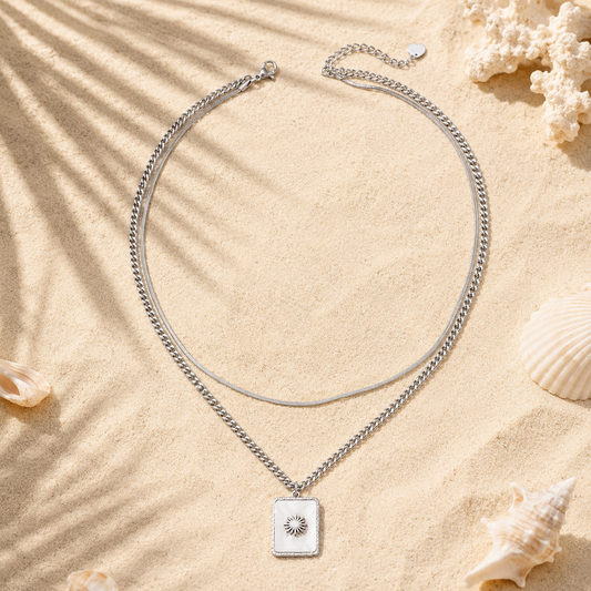Silver Sun Shell Square Layered Necklace