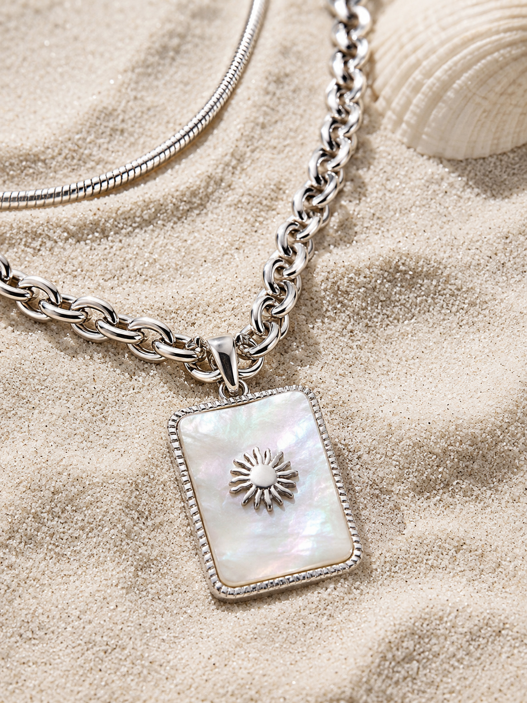 Silver Sun Shell Square Layered Necklace