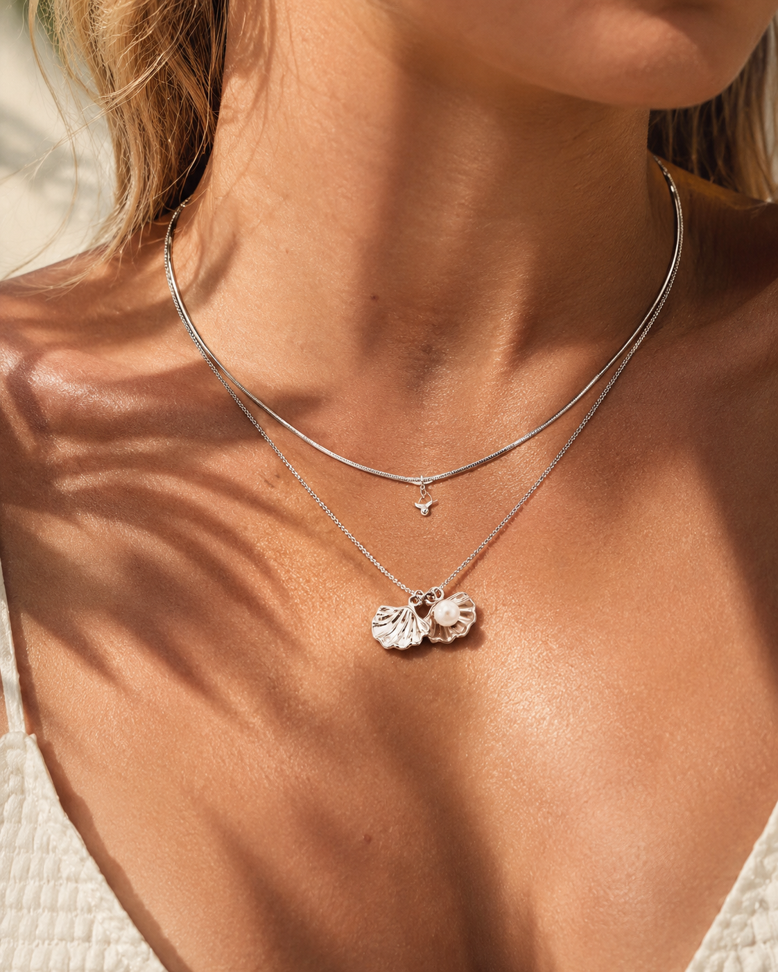 Silver Shell Pearl Layered Ocean Necklace