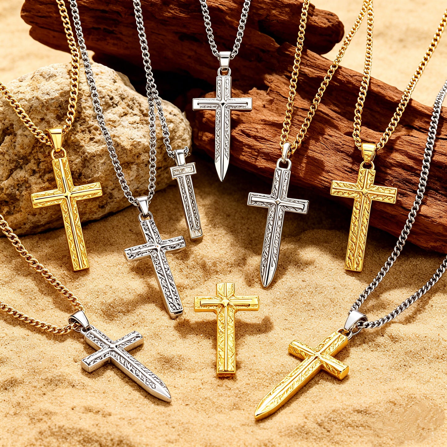 14K Gold Plated Cross & Sword Pendant Necklace Collection, Stainless Steel Faith Necklaces