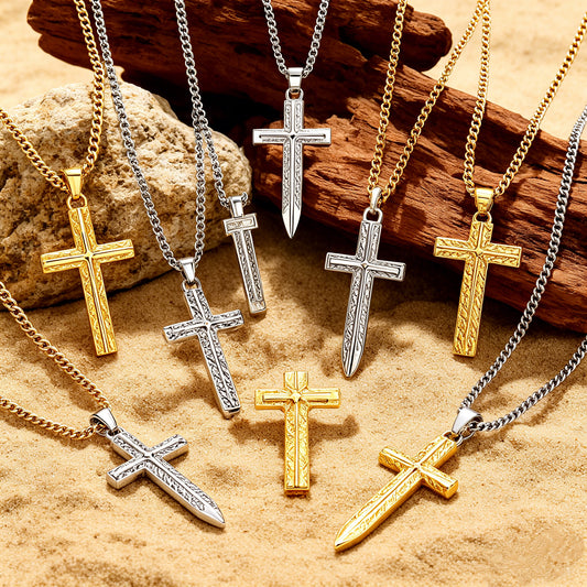 14K Gold Plated Cross & Sword Pendant Necklace Collection, Stainless Steel Faith Necklaces