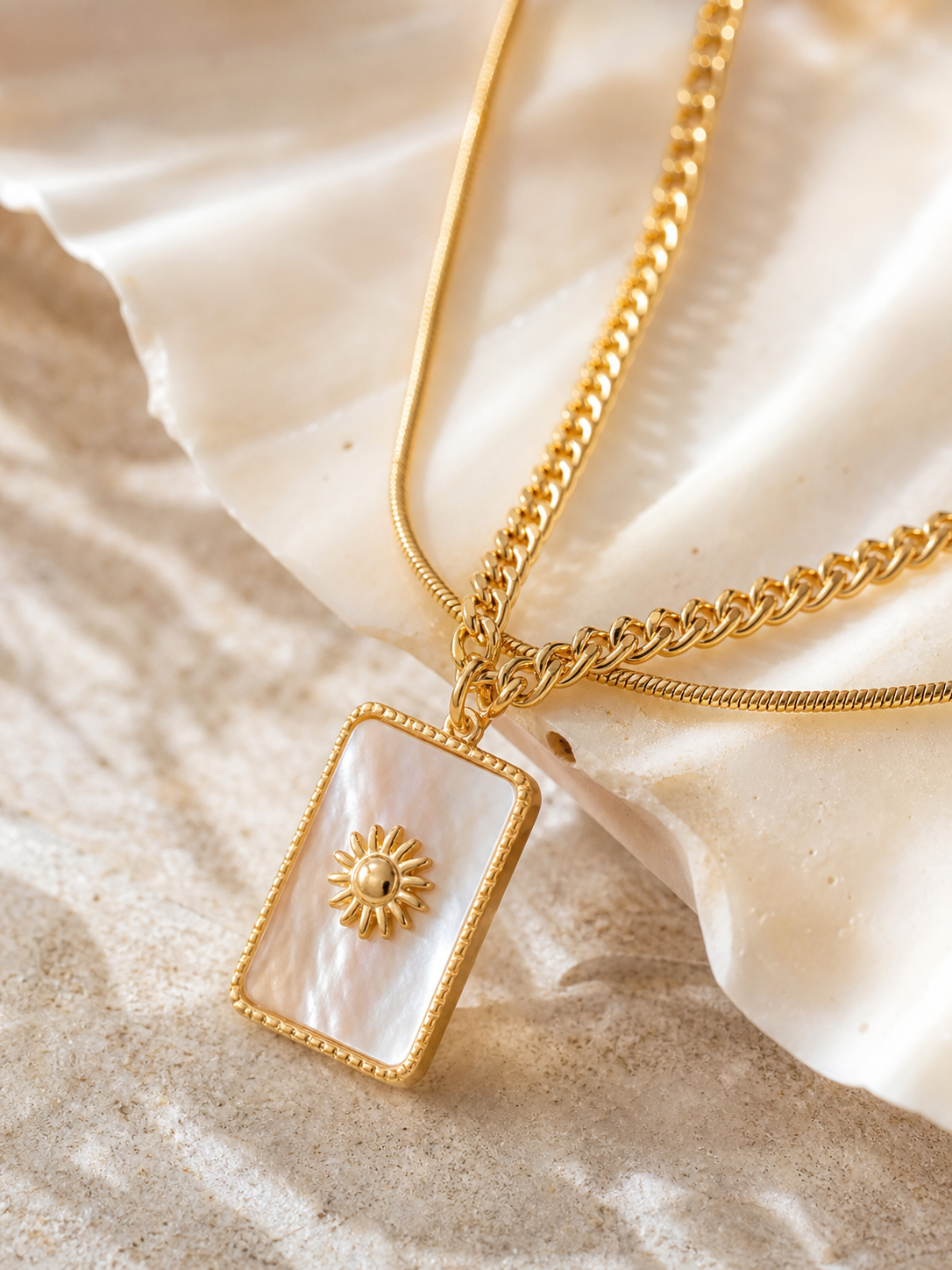 Gold Sun Shell Square Layered Necklace