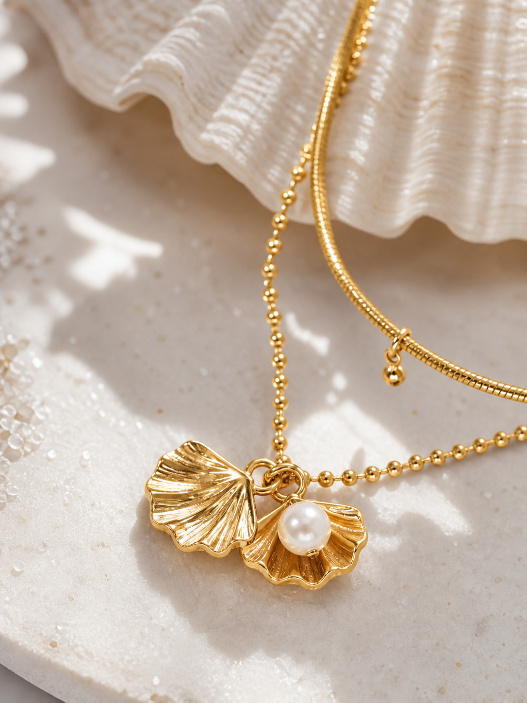 Gold Shell Pearl Layered Ocean Necklace